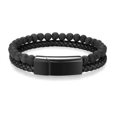 Imagem de abooxiu Pulseira de cremação para urna de cinzas, joias de cremação, joia de pedra vulcânica, pulseira de couro trançado, pulseira memorial para cinzas curativas para homens e mulheres, One Size, Aço