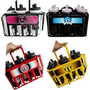 Imagem de Cesta Squeeze com 6 Garrafas Personalizada | Cesta para Times de Futebol, Treinos e Campeonatos | Brinde Esportivo (Cesta Vermelha+Garrafa Preta)