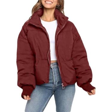 Imagem de Jaqueta Puffer Feminina Curta Preto Bege Inverno Quente Acolchoado Jaqueta De Inverno Grossa Jaqueta De Inverno Transição Quente Jaquetas Femininas Ao Ar Livre Manga L, A watermelon red, S