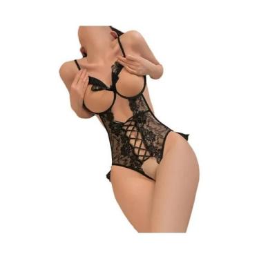 Imagem de Conjunto De Lingerie Feminino Sexy De Renda, Body Push-up Com Abertura