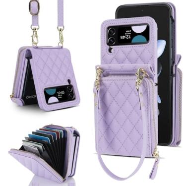 Imagem de Bolsa crossbody com zíper e bolsa carteira de couro para Samsung Galaxy Z Flip 5 4 3 Flip5 Flip4 5G alça longa capa de cordão, roxa, para Samsung Z Flip 5