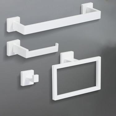 Imagem de Conjunto de acessórios para banheiro creme branco, barra de toalha de aço inoxidável para montagem na parede, anel de toalha, suporte de papel, ganchos, conjunto de acessórios para banheiro, 4 peças