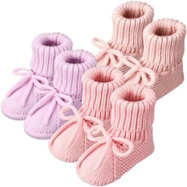 Imagem de Evervibe 3 pares de botas de malha para bebês recém-nascidos de 0 a 6 meses, sapatos aconchegantes para bebês meninas e meninos, Rosa, rosa claro, roxo claro, 0-6 meses