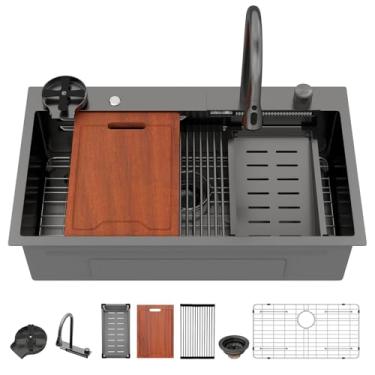 Imagem de Lordear Pia de cozinha preta inteligente de 83 cm com torneira de 83 x 48 cm, pia de montagem superior de aço inoxidável, calibre 16, pia de cozinha com borda única feita à mão