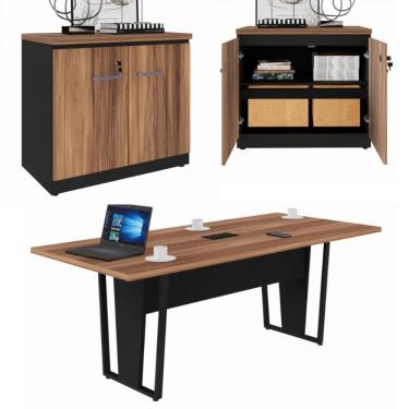 Imagem de Conjunto Escritório Office Mesa Reunião e Armário Baixo 2 Portas com Chave Cor Marrom/Preto - Yaris