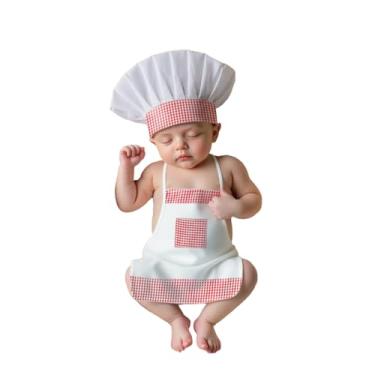 Imagem de 2 pacotes de adereços para fotografia de recém-nascidos, roupa de chef de bebê de 0 a 4 meses, mini chapéu de chef e avental para fotos