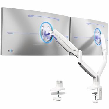 Imagem de VIVO Braço duplo resistente de alumínio premium para monitores Ultrawide de até 101 cm e 14,7 kg cada, suporte de mesa, altura pneumática, VESA máximo 100 x 100, branco, STAND-V202QW