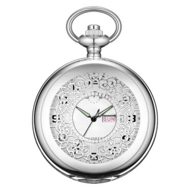 Imagem de BOSHIYA Relógio de bolso de quartzo esculpido oco com corrente árabe mostrador luminoso digital e data de dia para homens formatura, aniversário, Prata esculpida vazada