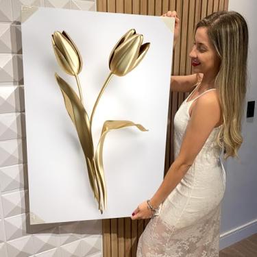 Imagem de Quadro Decorativo Canvas Flores Brancas e Douradas Vertical (CAN1049)