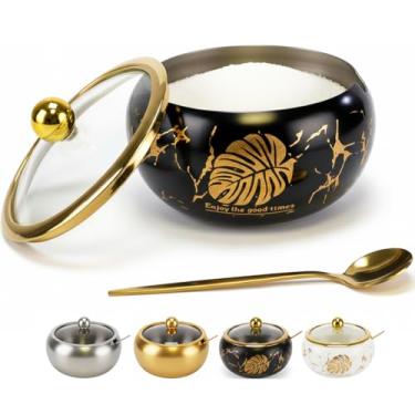 Imagem de Açucareiro de 425 g com tampa de vidro e colher, recipiente de açúcar com acessórios de barra de café, pote de aço inoxidável para sal, chá, cubo de açúcar mascavo, pode ser lavado na lava-louças