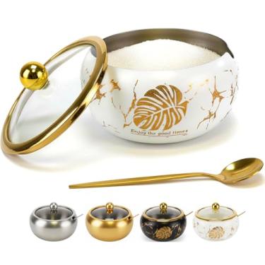 Imagem de Açucareiro de 425 g com tampa de vidro e colher, recipiente de açúcar com acessórios de barra de café, pote de aço inoxidável para sal, chá, cubo de açúcar mascavo, pode ser lavado na lava-louças