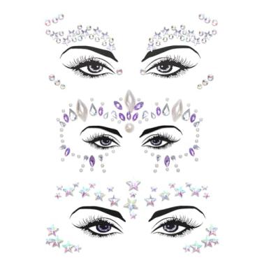 Imagem de Wosois 3 peças de adesivos de rosto de cristal, rosto de estrela, sereia, pedras preciosas, lua, ressonante, rosa, festival de música de carnaval, festa para mulheres e meninas (B)