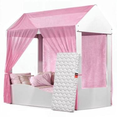 Imagem de Cama Infantil Colina Casinha Com Voal E Colchão Branco Rosa - MAXI DO 