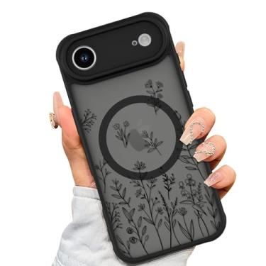Imagem de AIGOMARA Capa magnética feita para iPhone Air [compatível com MagSafe] Linda flor preta floral para mulheres meninas TPU macio amortecedor rígido PC traseiro antiqueda à prova de choque capa fina