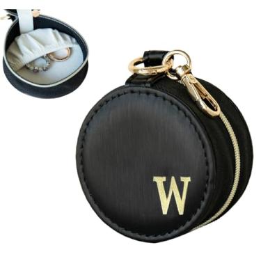 Imagem de COLLECTIVE HOME - Caixa de joias com monograma, porta-anéis de viagem portátil com chaveiro, organizador inicial personalizado para brincos e colares, presente para ela (preto-w)