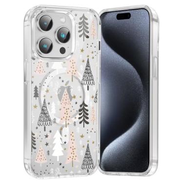 Imagem de RUMDEY Capa de celular Merry Christmas Tree para iPhone 15 Pro Max, capa magnética transparente de 6,7 polegadas, compatível com Magsafe, capa com design de padrão de inverno fofo à prova de choque