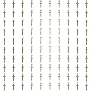 Imagem de Shapenty Pingente de punhal vintage pequeno pingente de espada para Halloween brinco colar pulseira chaveiro fabricação de joias suprimentos de artesanato enfeites de Natal, 100 peças (Bronze)