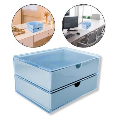 Imagem de Caixa 2 Gavetas Organizadora Azul Multiuso Escritório Mesa