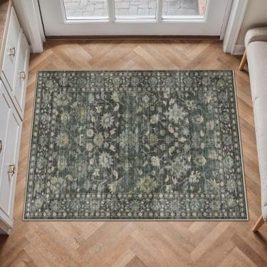 Imagem de HUGEAR Tapete de entrada 2x3 vintage verde pequeno lavável à máquina tapete de porta retrô floral baixo tapete de pilha baixa aspirável envelhecido tapete entrada cozinha banheiro fazenda sala de
