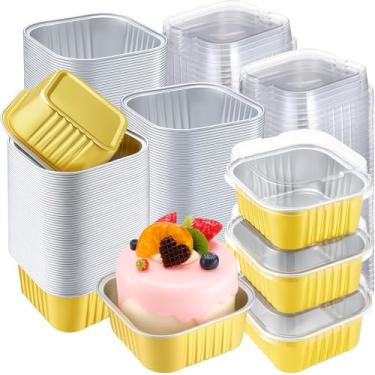 Imagem de Gandeer Pacote com 200 copos quadrados de 142 g com tampas, mini formas de bolo de folha de alumínio, latas de ramequins descartáveis, recipientes de sobremesa, formas de cupcake para piquenique de