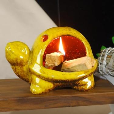 Imagem de Mougigi Porta-queimador de cerâmica amarela Palo Santo - Mini Chiminea Incenso para queimar palitos de borrão, sálvia, santos aromáticos, cones de incenso para espaços de altar e zen, presente