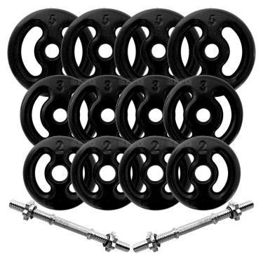 Imagem de Kit 40Kg em Anilhas Emborrachadas com 2 Barras Maciça Cromada de Rosca 40cm-Unissex