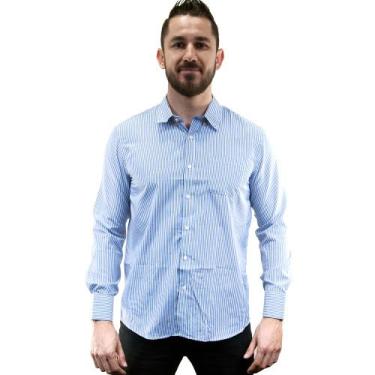 Imagem de Camisa Social Masculina Listrada Manga Longa Camisaria Colombo Azul In