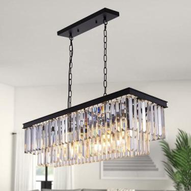 Imagem de Lustre retangular de cristal preto Wellmet de 9 luzes 28x11cm