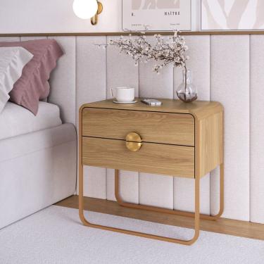 Imagem de Mesa de Cabeceira 60cm 2 Gavetas Orgânica Pé Metal Luna Hanover/Dourado