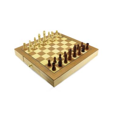 Imagem de Jogo de Xadrez e Damas 2 em 1 Profissional Hoyle Games Tabuleiro Grande 29x29CM Peças Em Madeira Com 2 Gavetas