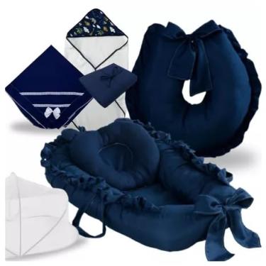 Imagem de KIt enxoval Ninho Redutor de Berço Almofada Amamentação Cobertor Toalha Banho Mosquiteiro Kit 5 Peças (Azul Marinho)