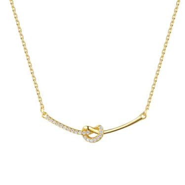 Imagem de EFASHION Colar feminino de prata esterlina 925 banhado a ouro 14K com pingente de laço de zircônia francesa elegante, Medium, Ouro, Zircônia cúbica