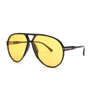 Imagem de Óculos de sol aviador para mulheres e homens, retrô, clássico, anos 70, vintage, moderno, quadrado, aviadores, óculos de sol, Preto e amarelo brilhante, 58MM