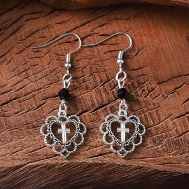 Imagem de Brinco vintage estilo étnico ocidental antigo prateado oco com pingente de cruz de coração retrô boêmio, brincos femininos presentes para ela