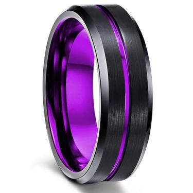 Imagem de Aliança de casamento de tungstênio escovado para homens e mulheres - Anel sulco azul fino, ajuste confortável, 8, Tungstênio, Sem pedra preciosa