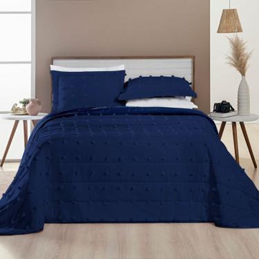 Imagem de Kit Cobre Leito Colcha Alexa Pompom Queen Dupla Face Micropercal 3 Peças - Azul Marinho