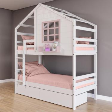 Imagem de Beliche Casinha Com Janela E 02 Gavetas Madeira Maciça Branco- Rosa Housin