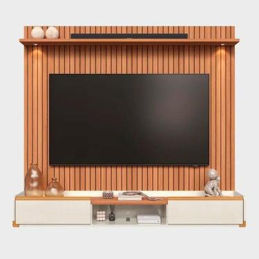 Imagem de Rack Bancada Com Painel Para Tv De Até 75 Com Led Ariel Jequitibá Ripado 3d-off White