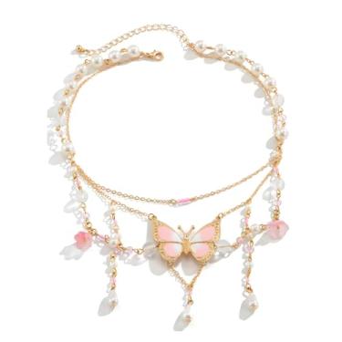 Imagem de Colar de borboleta para mulheres, gargantilha de borboleta com borla rosa, colar de pérolas de cristal em camadas, joias de fadas, joias elegantes presentes para mulheres