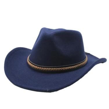 Imagem de Chapéu de cowboy masculino de aba enrolável com chapéu de caubói cavalheiro de couro para cavalheiro boné igreja sombrero azul marinho 56-58 cm