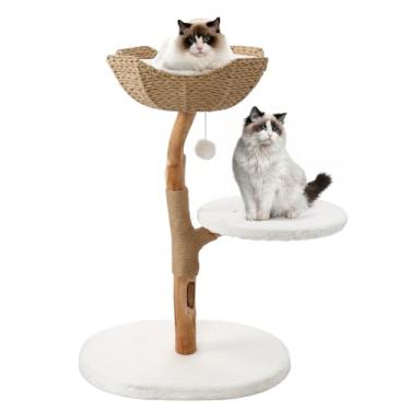 Imagem de BUMUBI Torre de árvore moderna de madeira maciça para gatos internos, condomínio de escalada para gatos grandes, adultos, com base e suporte para arranhar