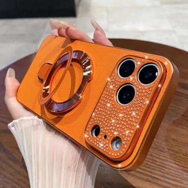 Imagem de ZXDK Capa com suporte para câmera com glitter diamante para iPhone 17/Pro Max/Air, suporte magnético, compatível com Magsafe, Rhinesetone Bing capa de couro PU padrão (laranja, para iPhone 14 Plus)
