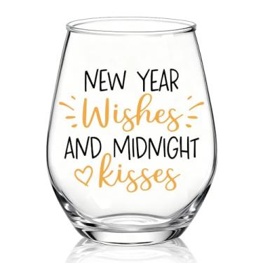Imagem de XQLZY Copo de vinho sem haste, desejos de ano novo e beijos da meia-noite, presentes engraçados de taça de vinho para dama, mãe, avó, tia, melhor amiga, Natal, aniversário, ação de graças, presente de