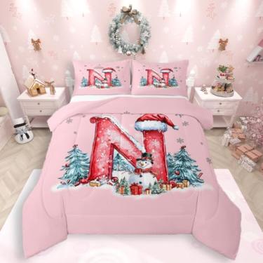 Imagem de Feelyou Conjunto de cama macio para meninos e meninas, conjunto de edredom com letra N, boneco de neve, chapéu de Papai Noel, edredom personalizado, letra N, decoração de quarto, arte abstrata