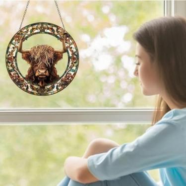 Imagem de Decoração de janela de disco redondo para pendurar em acrílico com padrão de touro, ornamento interno e externo para decoração de parede de casa 15 x 15 x 0,2 cm