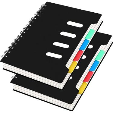 Imagem de PEYNIR Caderno de plástico de capa dura espiral pequena com divisórias coloridas para anotações, caderno preto