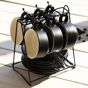 Imagem de WYUYIWH Conjunto de pires de xícara de café de cerâmica 19 peças conjunto de chá de cerâmica doméstico com suporte de copo e colher conjunto de pires de xícara de chá estilo nórdico (cor: preto)