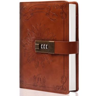 Imagem de Diário vintage com cadeado para mulheres e homens, diário de bloqueio pessoal recarregável, diário de couro para meninas, caderno secreto B6, com bolsos 14 x 19,8 cm, marrom girassol