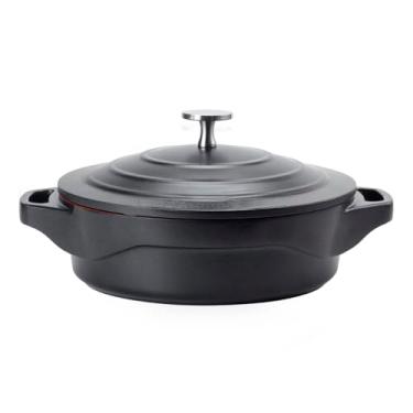 Imagem de LE COOK Caçarola Baixa Cerâmica Antiaderente 24cm Preta com Tampa de Vidro e Alças de Silicone – Alumínio Reforçado 2,4L Para Forno e Fogão