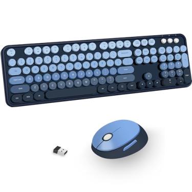 Imagem de Kootop Combo de teclado e mouse sem fio, lindo teclado colorido de 104 teclas de máquina de escrever retrô para PC, laptop, desktop, Windows, teclados domésticos e de escritório (azul)
